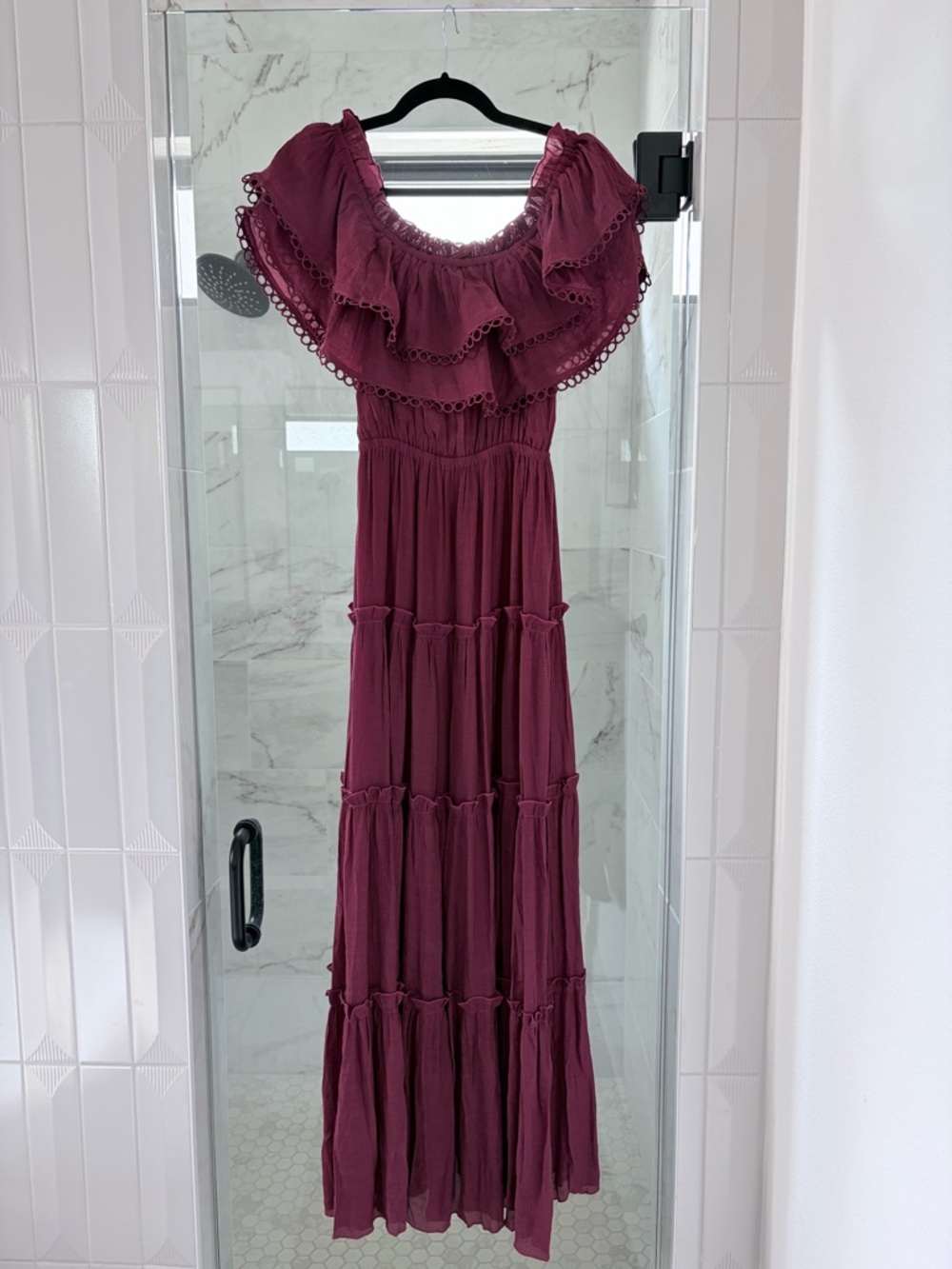 Brand New Women's Ruffled Tiered Maternity Maxi Dress - Burgundy